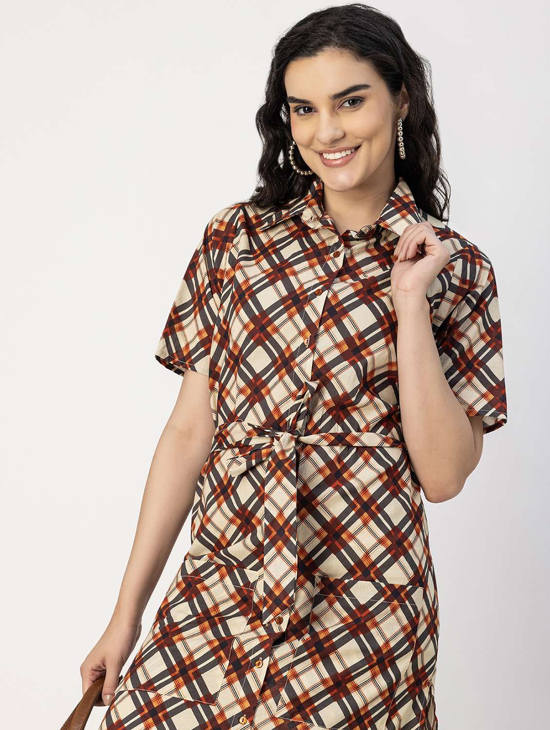 women beige check printed shirt dress - 20817237 -  Standard Image - 3