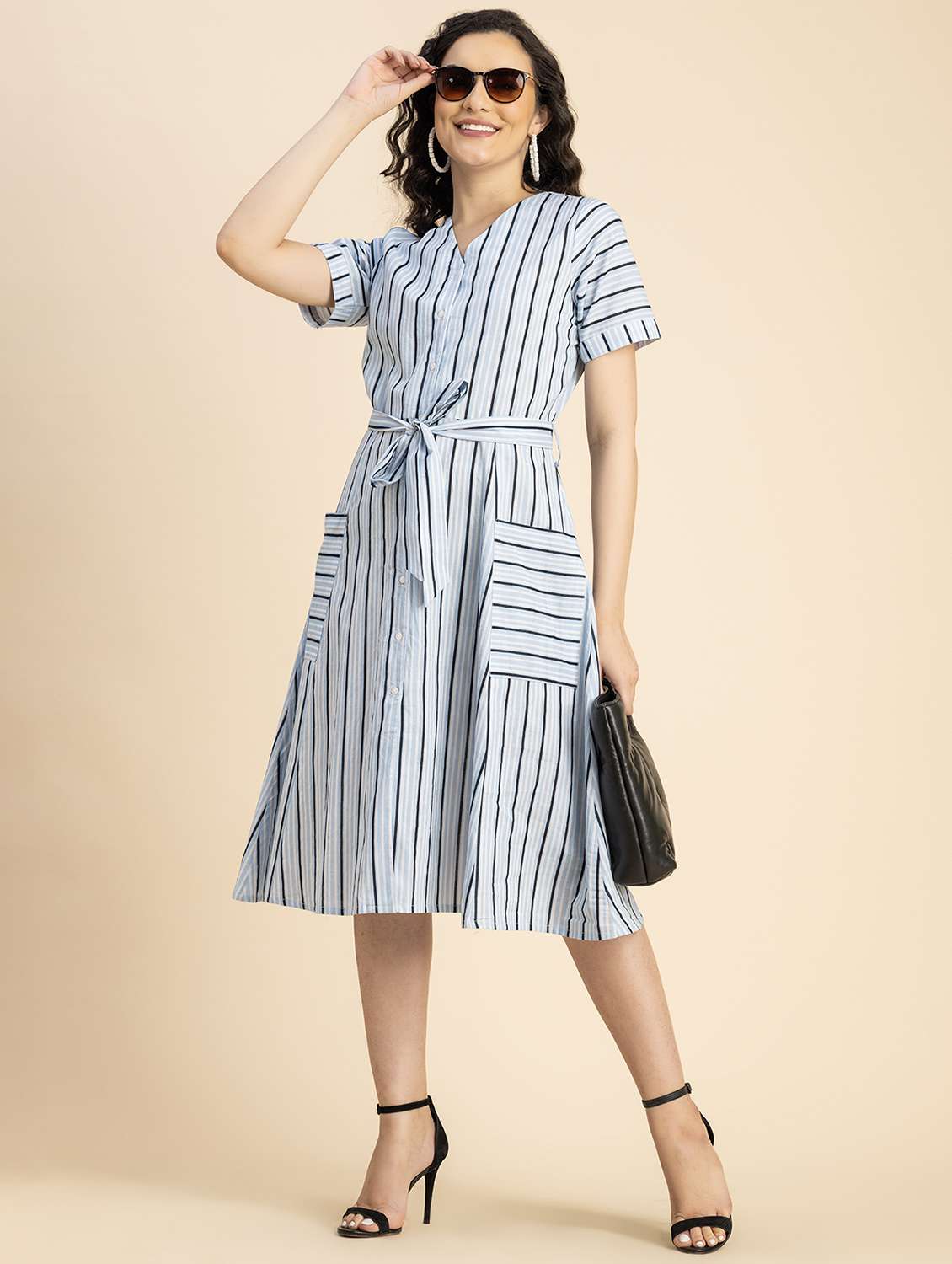 women light blue stripes a-line dress - 20817246 -  Standard Image - 3