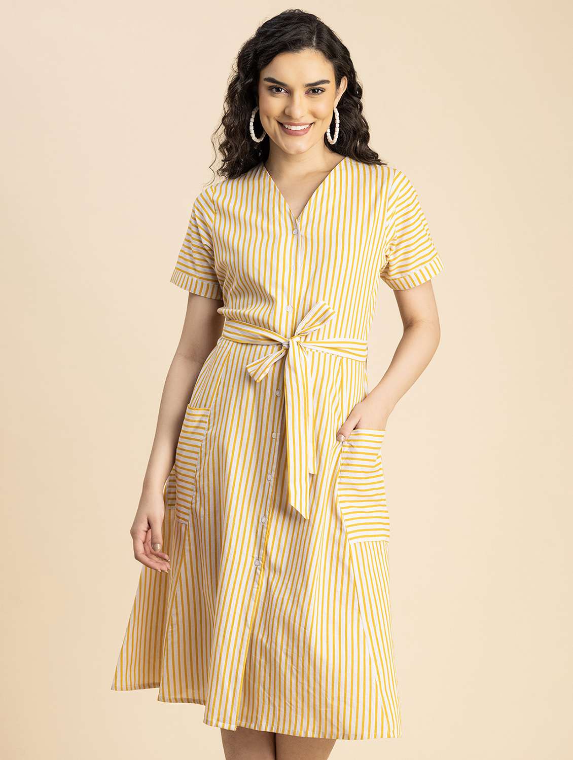 women yellow stripes printed a-line dress