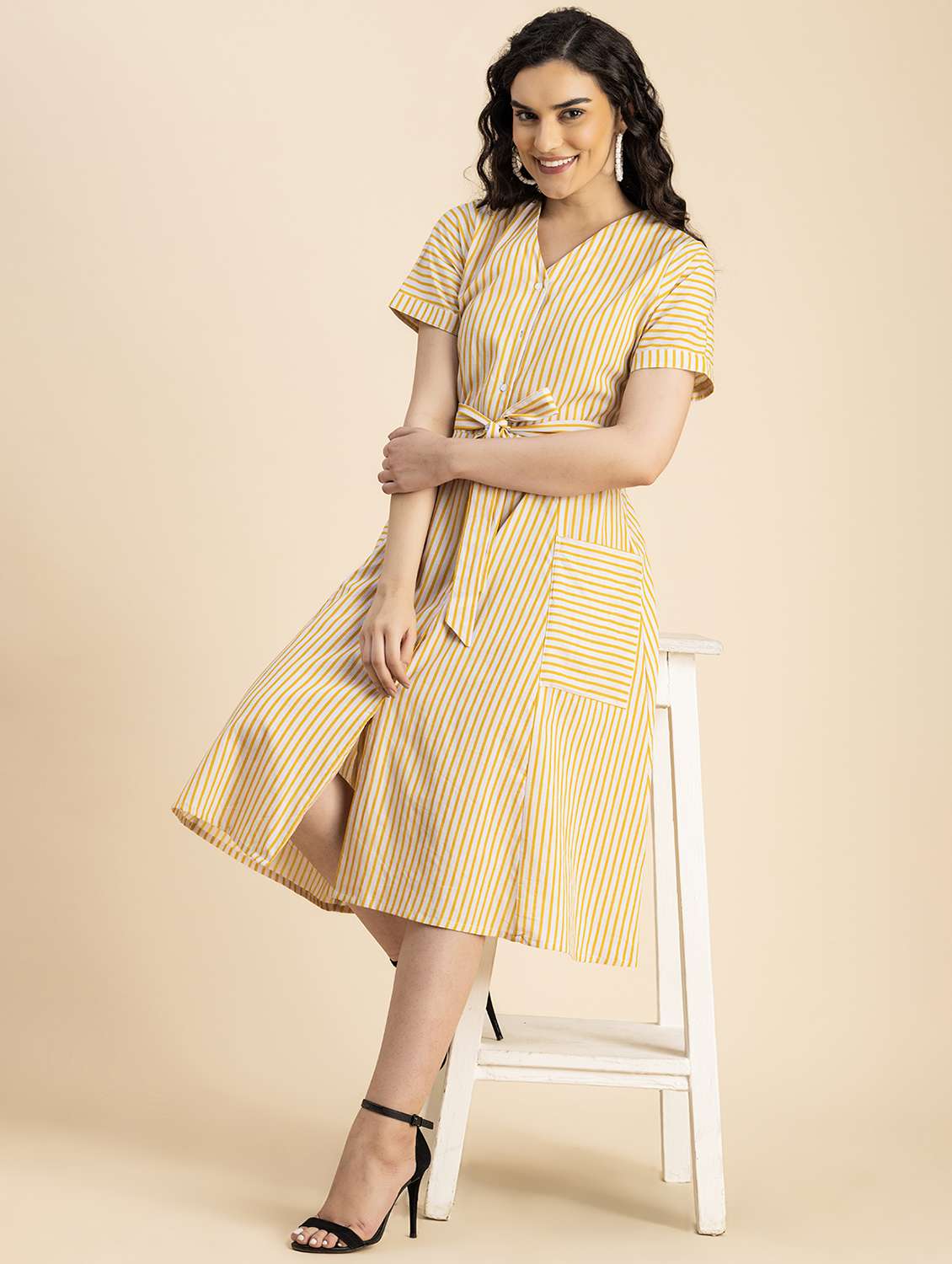 women yellow stripes printed a-line dress - 20817250 -  Standard Image - 3