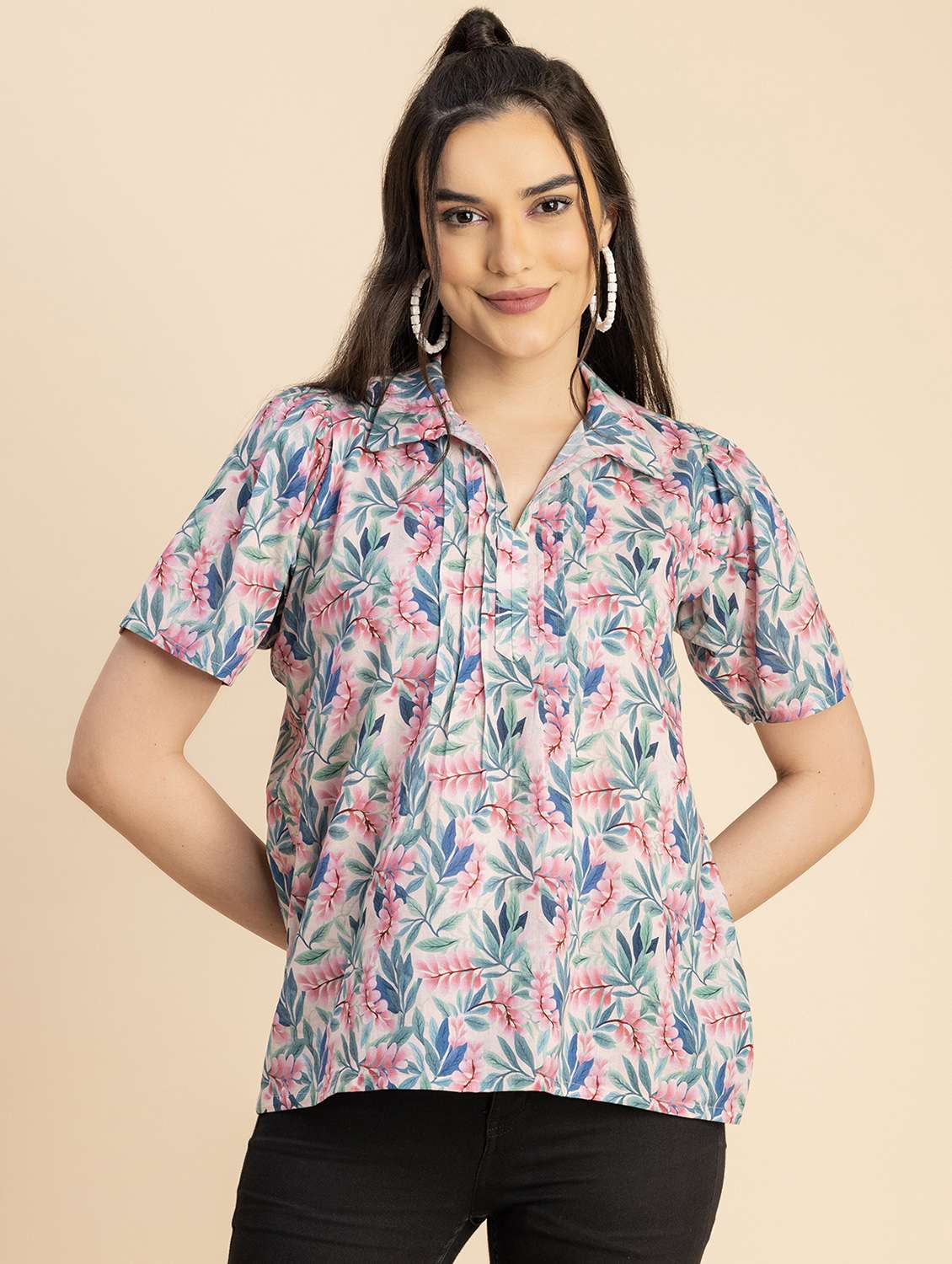 pink floral printed detailed regular top - 20817308 -  Zoom Image - 0