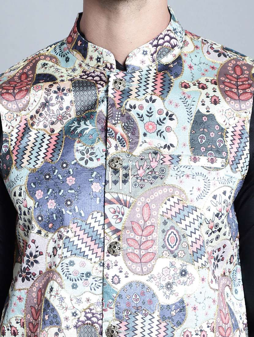 multi coloured printed nehru jacket - 20817339 -  Standard Image - 5