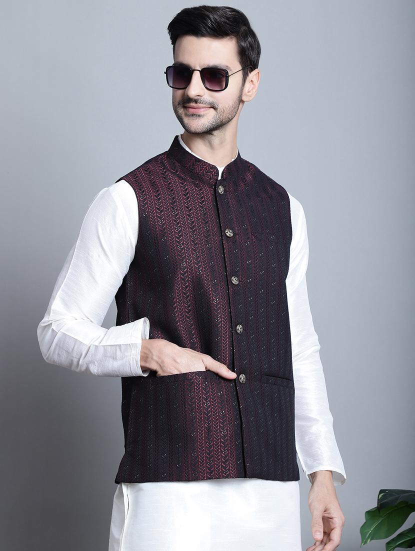 maroon embroidered silk blend nehru jacket - 20817341 - Zoom Image - 0