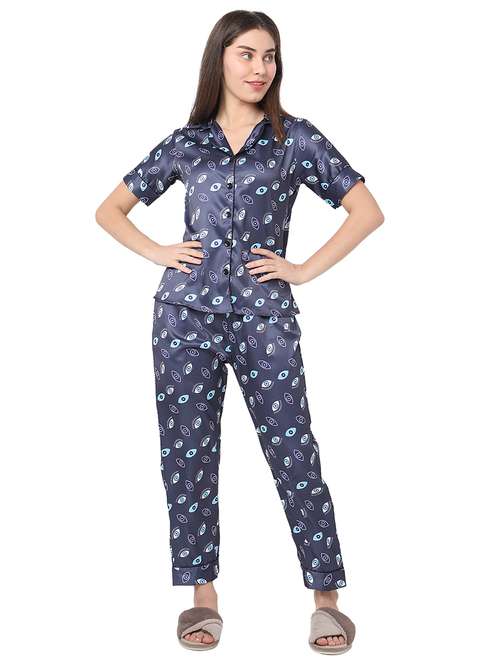 navy blue printed shirt & pyjama set - 20817672 -  Standard Image - 0
