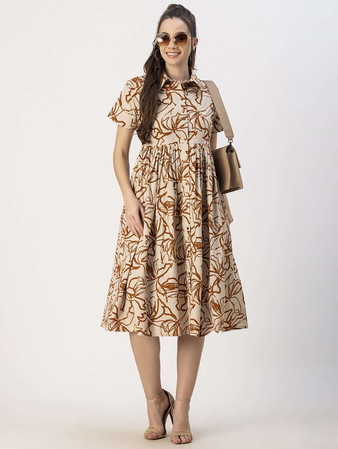 brown printed button detailed dress - 20817891 - Standard Image - 3