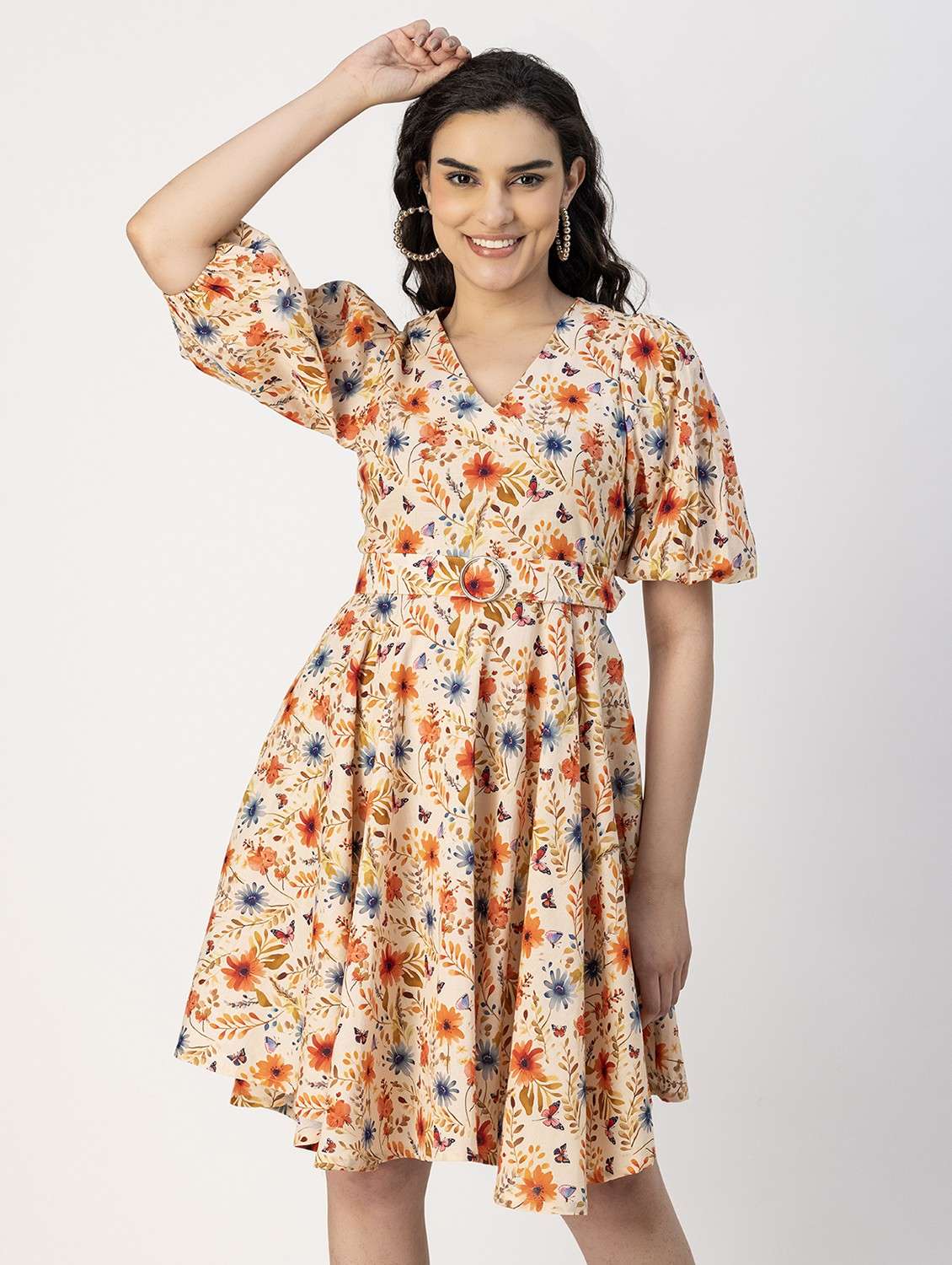women beige floral printed fit & flare dress
