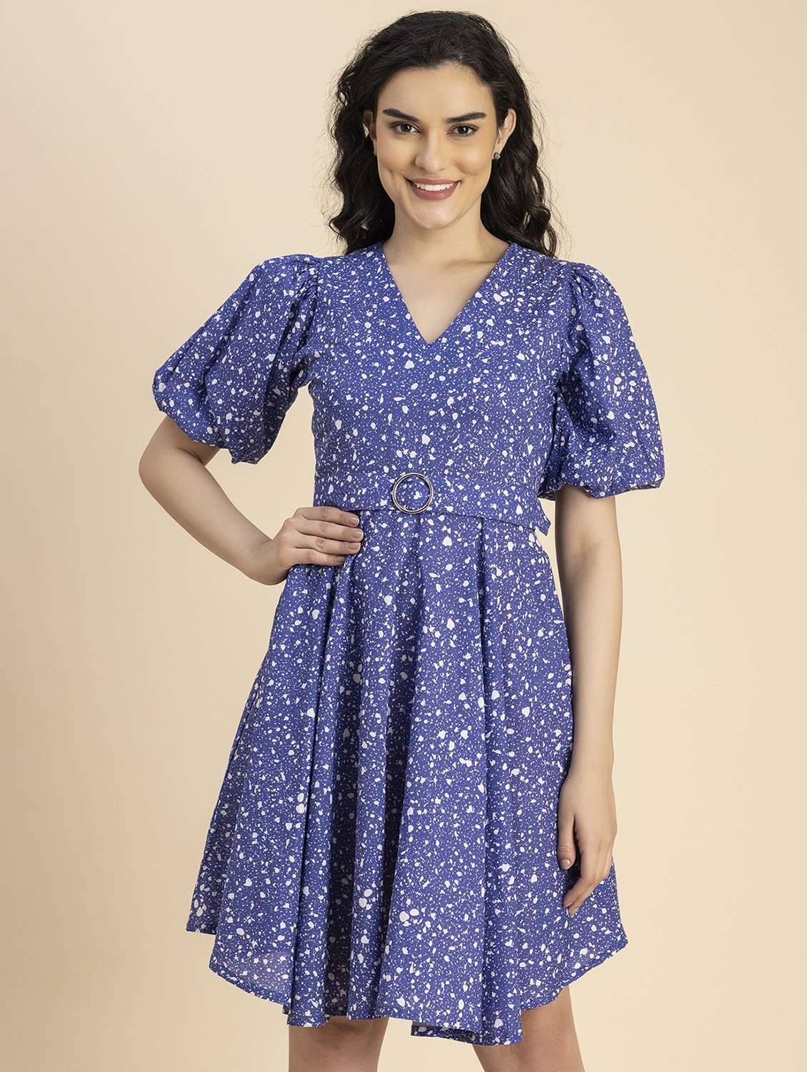 women blue abstract printed fit & flare dress - 20817897 -  Zoom Image - 0