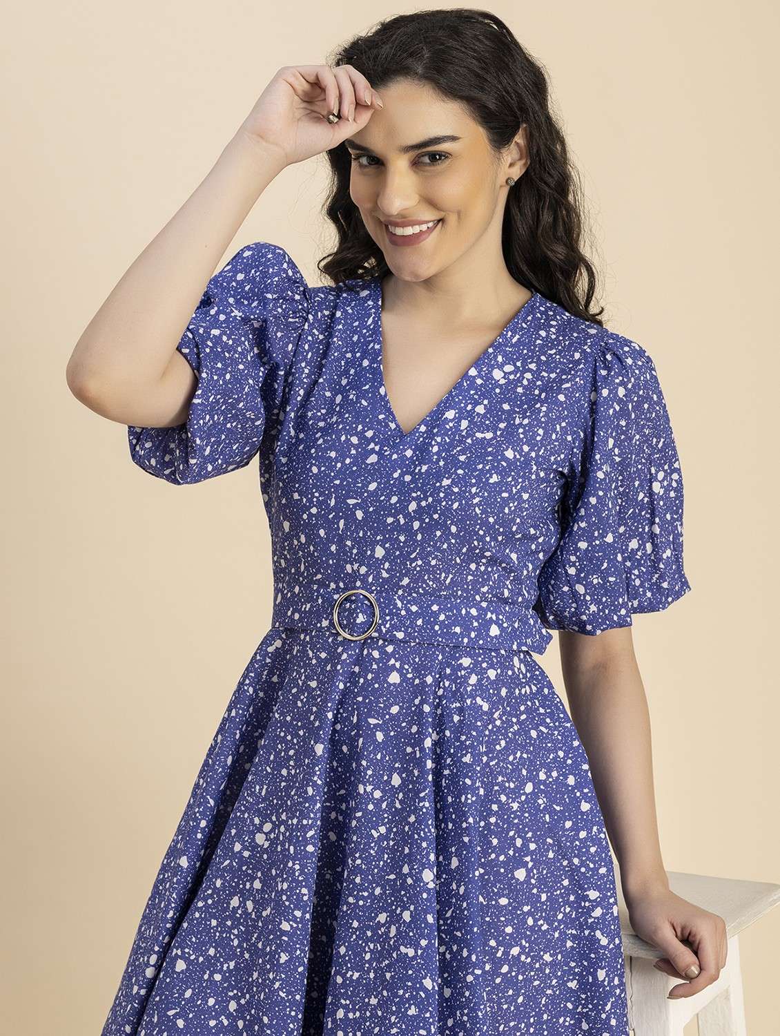 women blue abstract printed fit & flare dress - 20817897 - Standard Image - 5