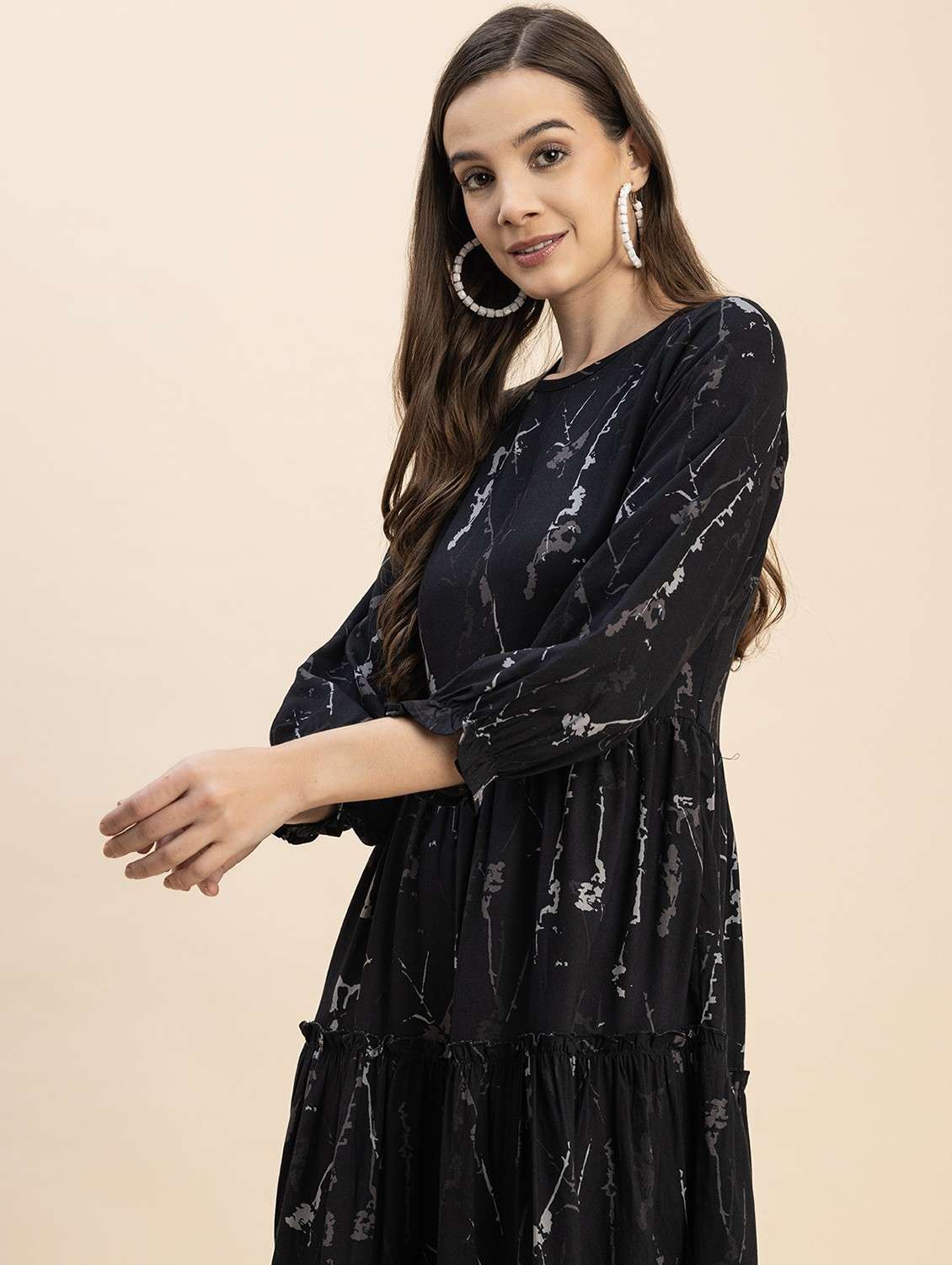 black printed tiered detailed dress - 20817900 -  Standard Image - 5