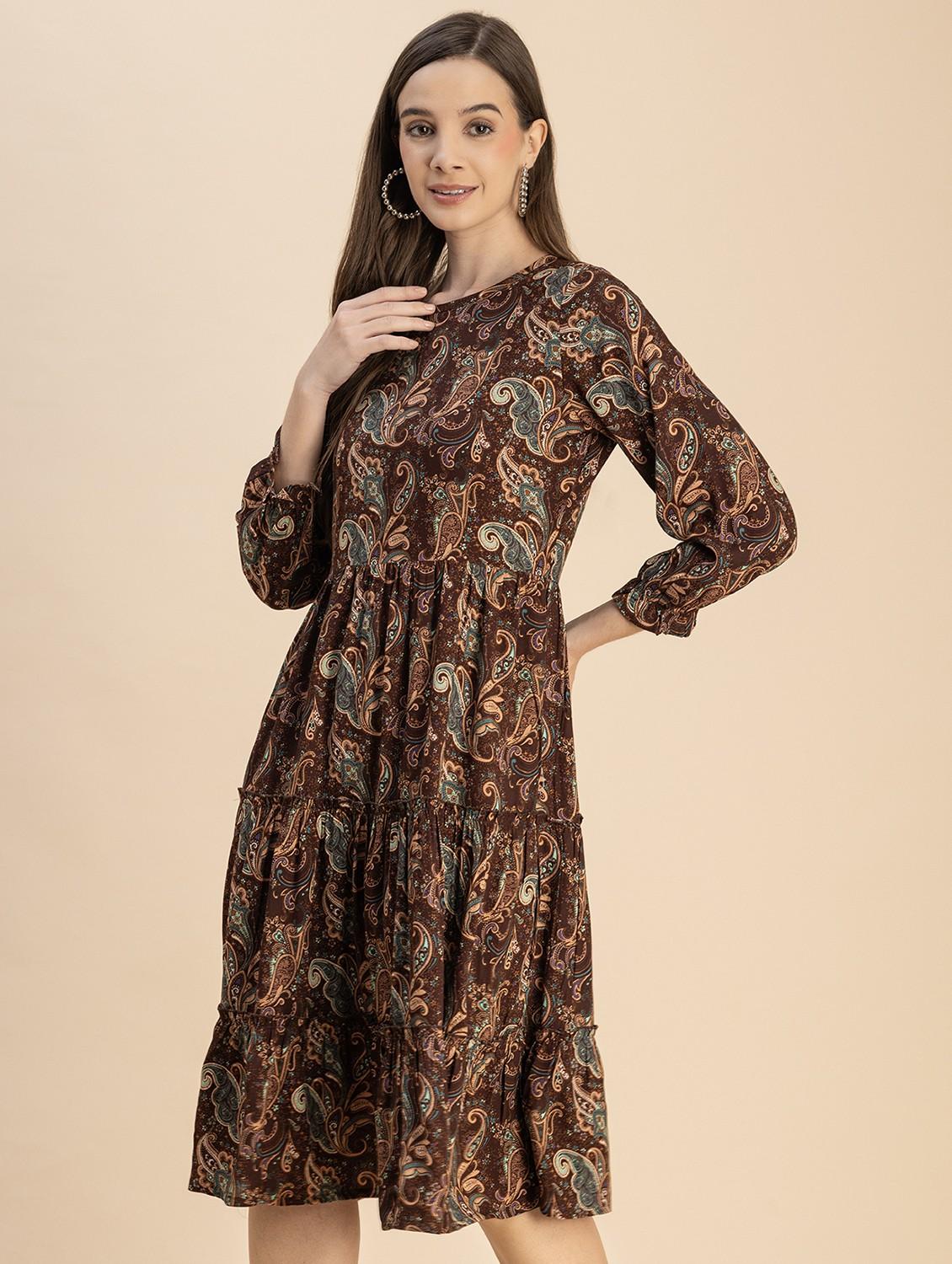 women brown paisley printed tiered dress - 20817901 - Standard Image - 3