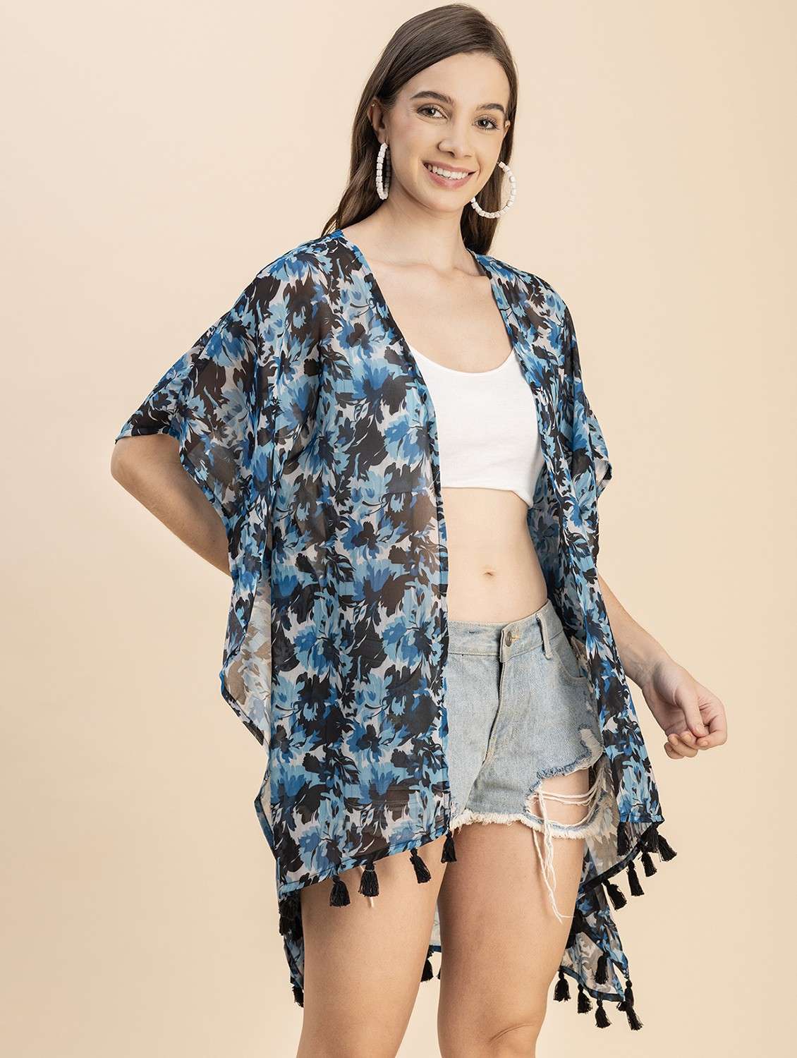 blue floral printed detailed kaftan style shrug - 20817927 -  Standard Image - 3