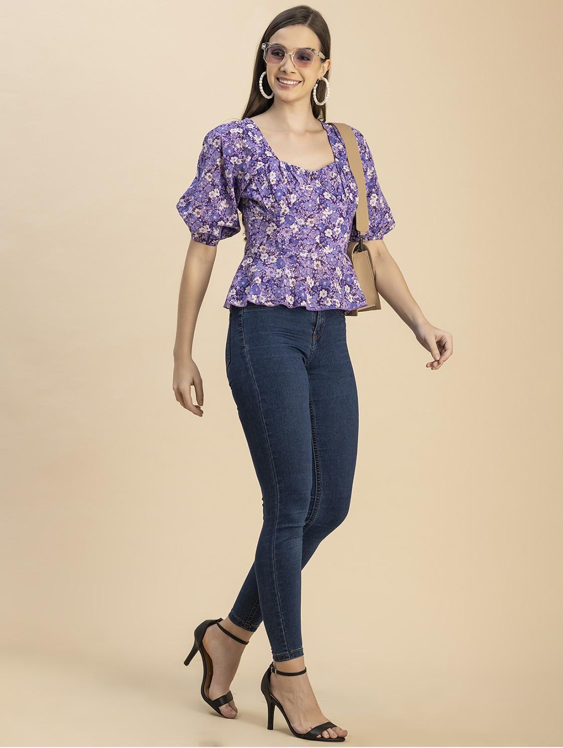 purple floral printed detailed peplum top - 20817966 - Standard Image - 5