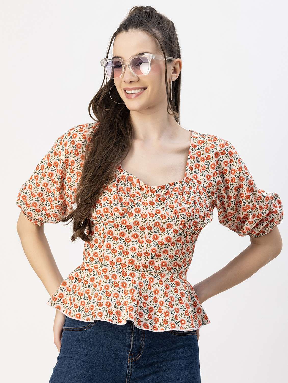 women pink floral printed peplum top