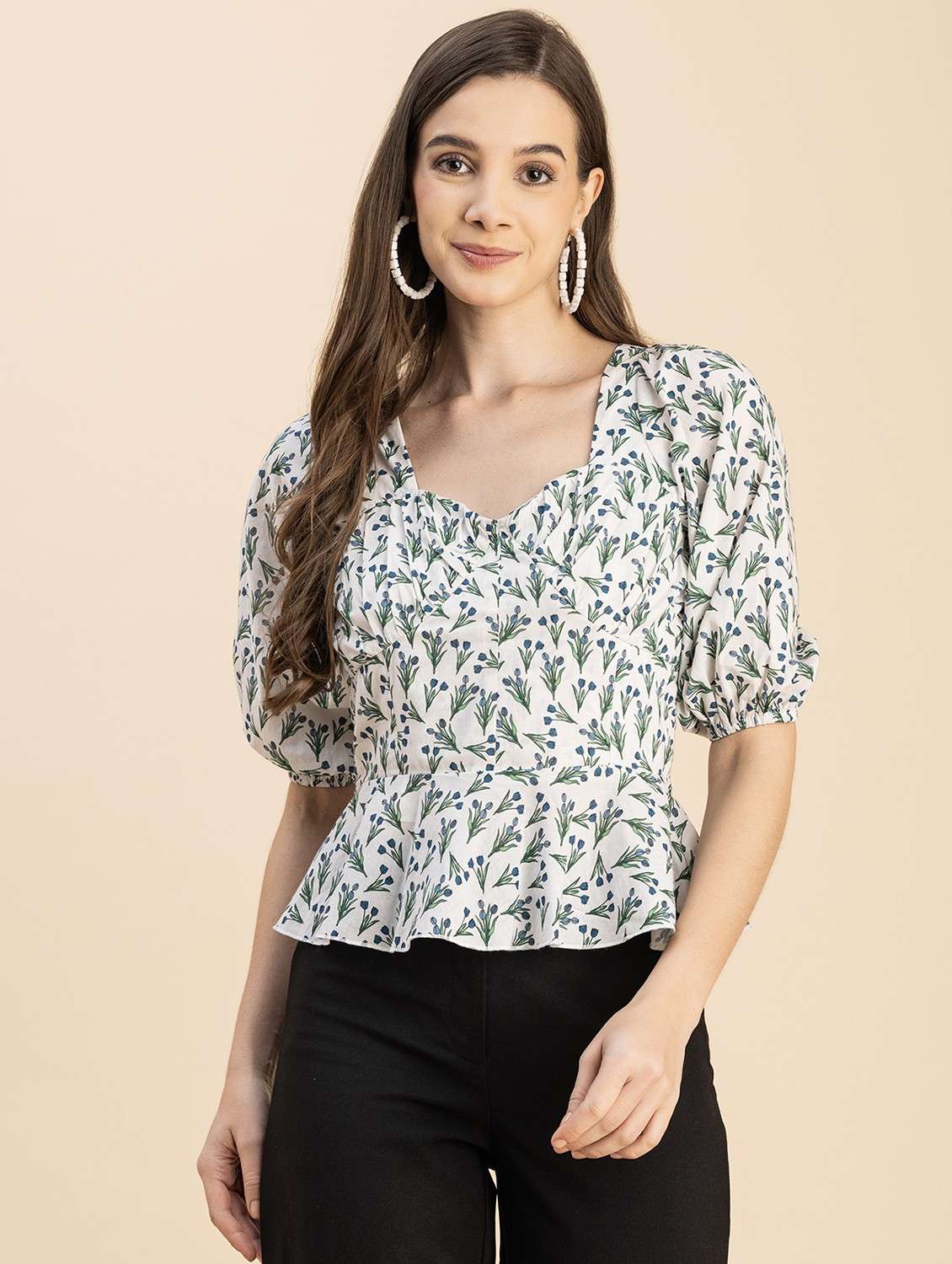 white floral printed detailed peplum top