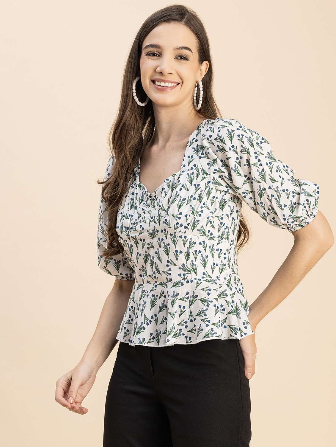 white floral printed detailed peplum top - 20817970 -  Standard Image - 3