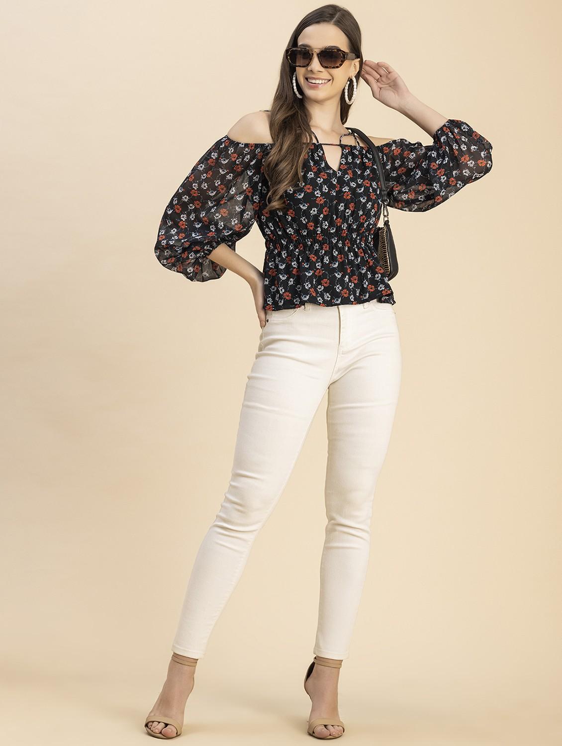 black floral printed detailed peplum top - 20817973 - Standard Image - 5