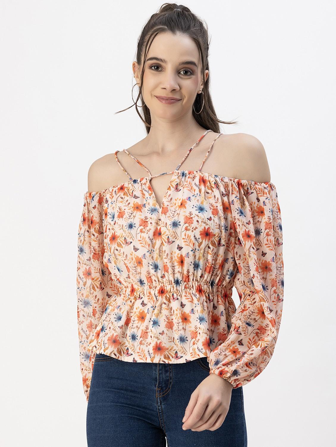 off white floral printed detailed peplum top - 20817975 - Zoom Image - 0