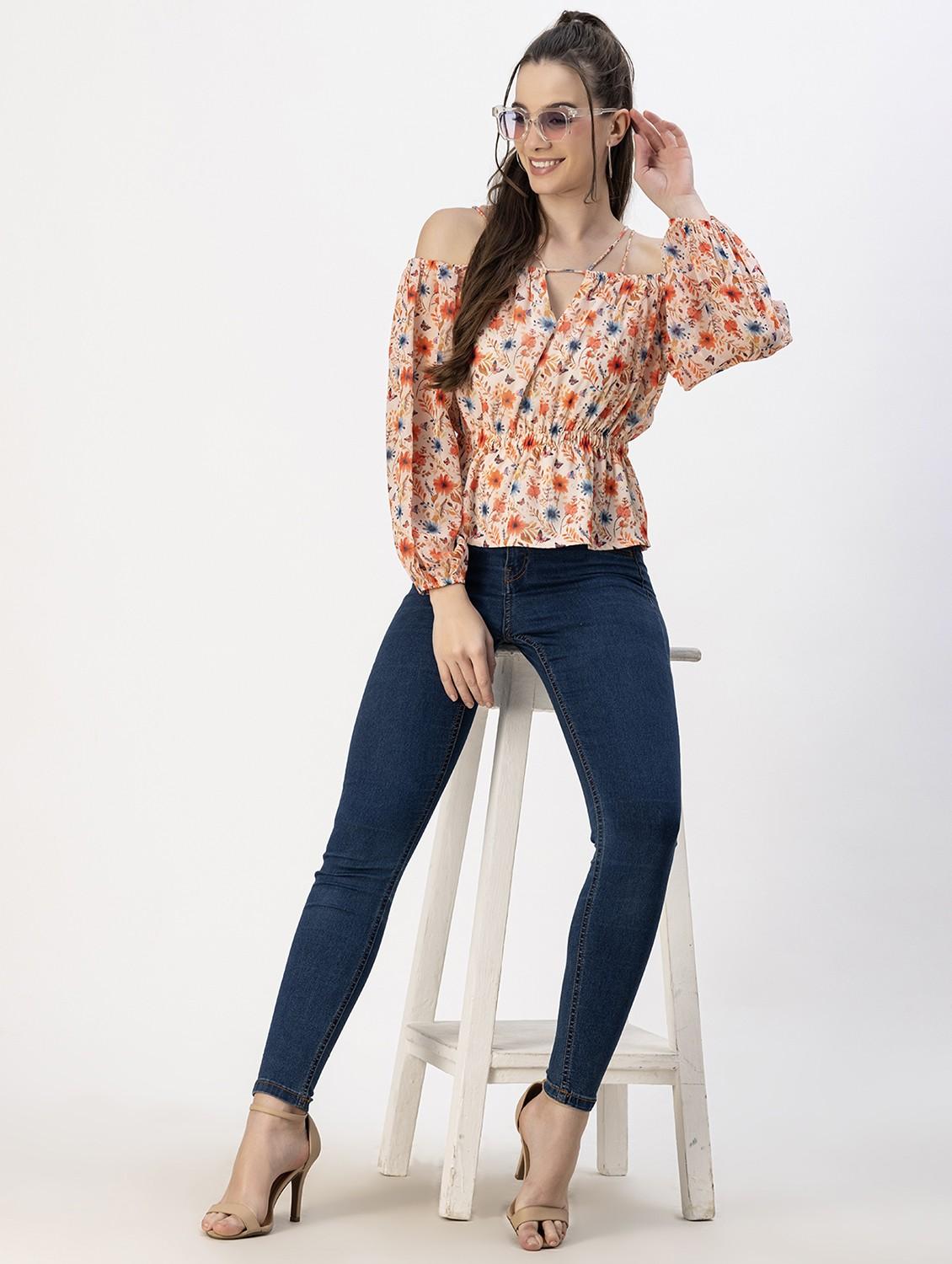 off white floral printed detailed peplum top - 20817975 - Standard Image - 5