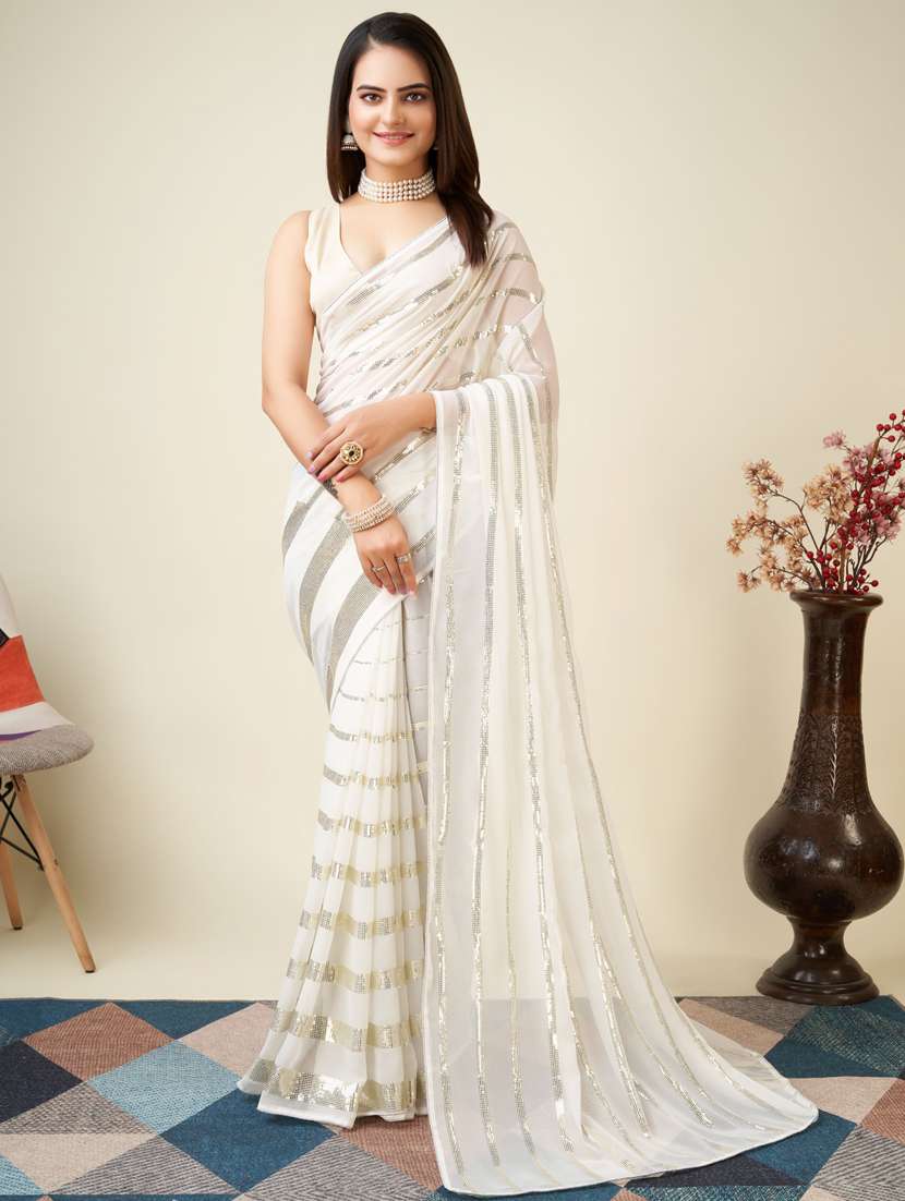 women white sequin work georgette saree - 20819314 - Zoom Image - 0