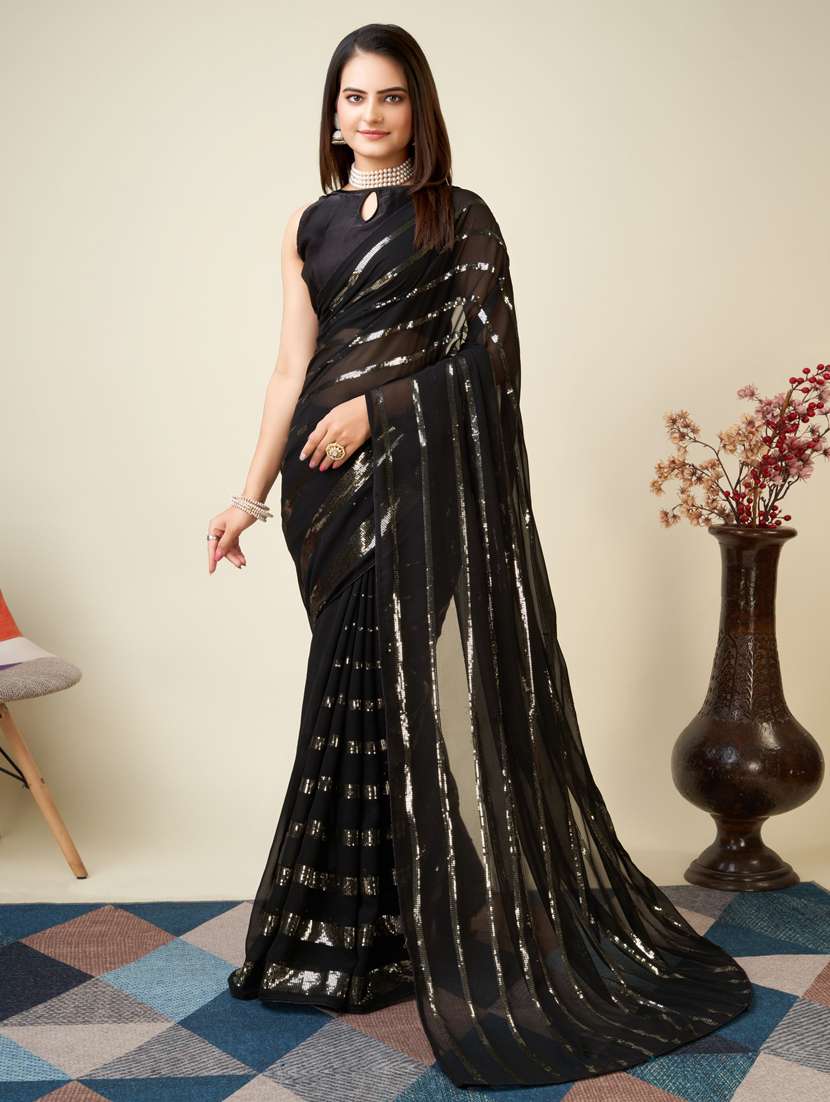 women black sequin work georgette saree with blouse - 20819317 -  Zoom Image - 0