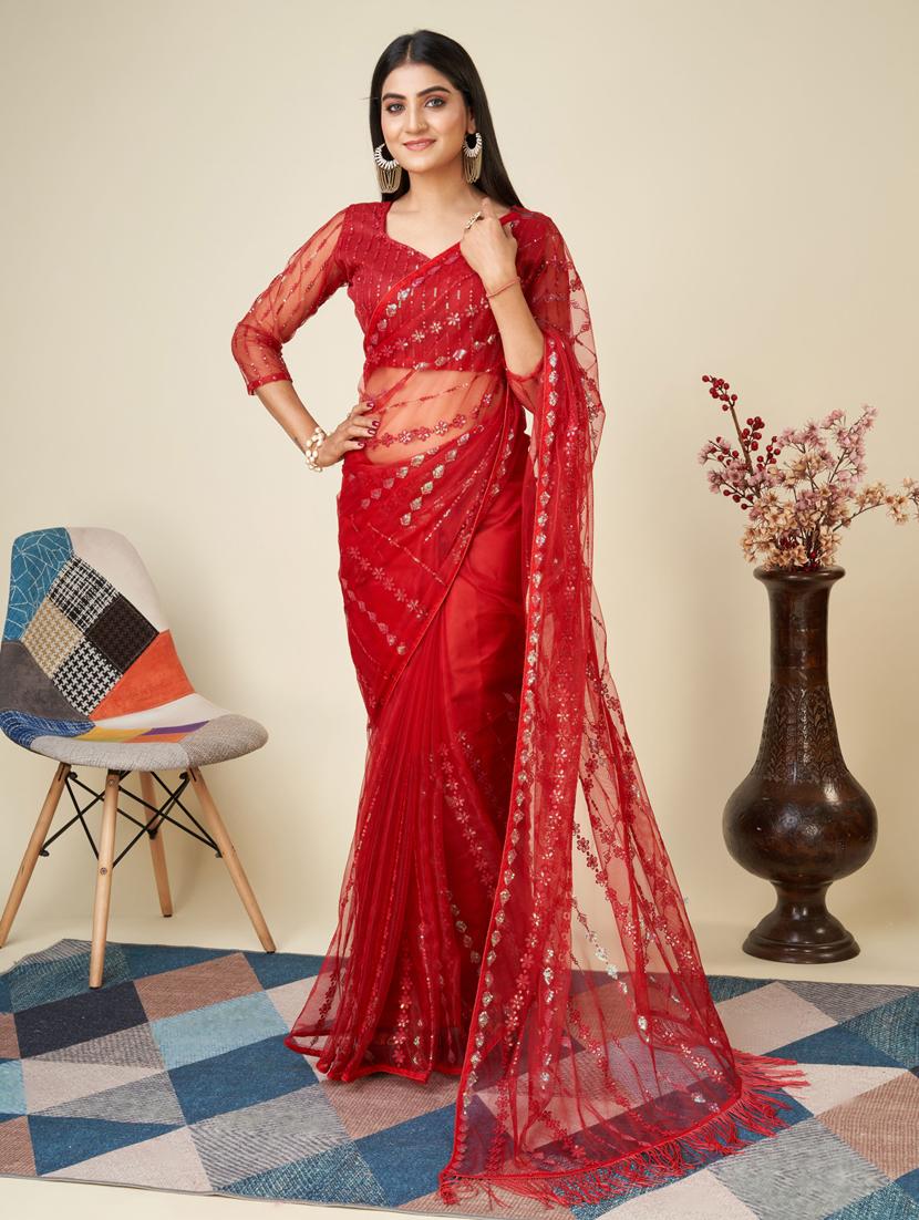 women red embroidered saree with blouse - 20819323 -  Zoom Image - 0