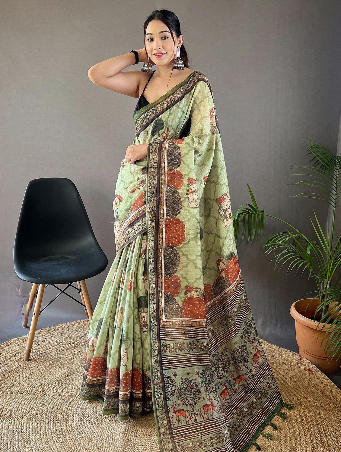 neo mint silk printed saree with blouse - 20820677 -  Zoom Image - 0