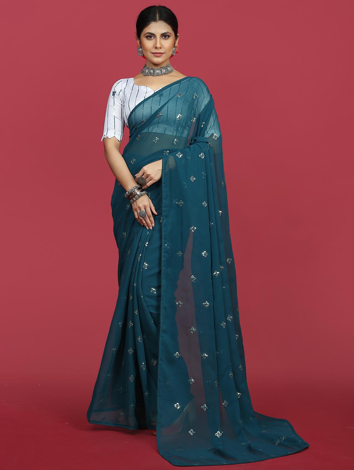 women teal sequin work georgette saree with blouse - 20820705 - Zoom Image - 0