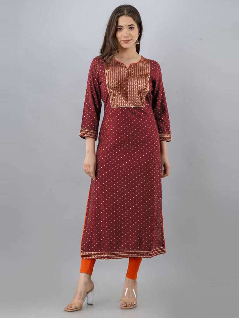 women maroon notch neck straight kurta - 20821101 -  Zoom Image - 0
