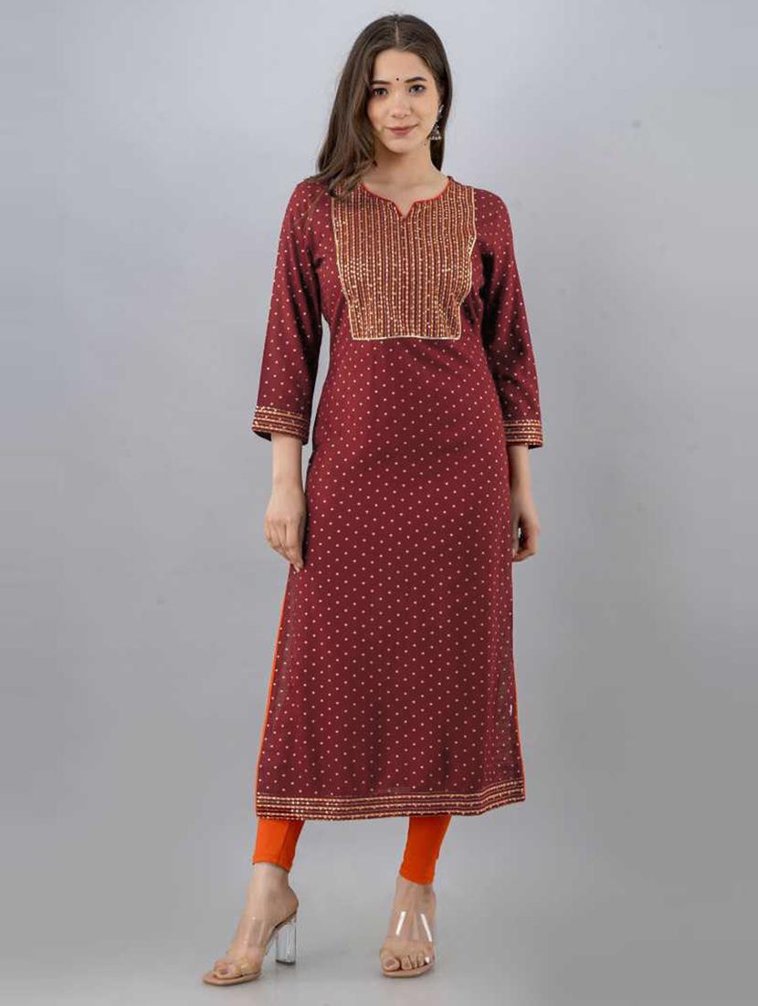 women maroon notch neck straight kurta - 20821104 - Zoom Image - 0