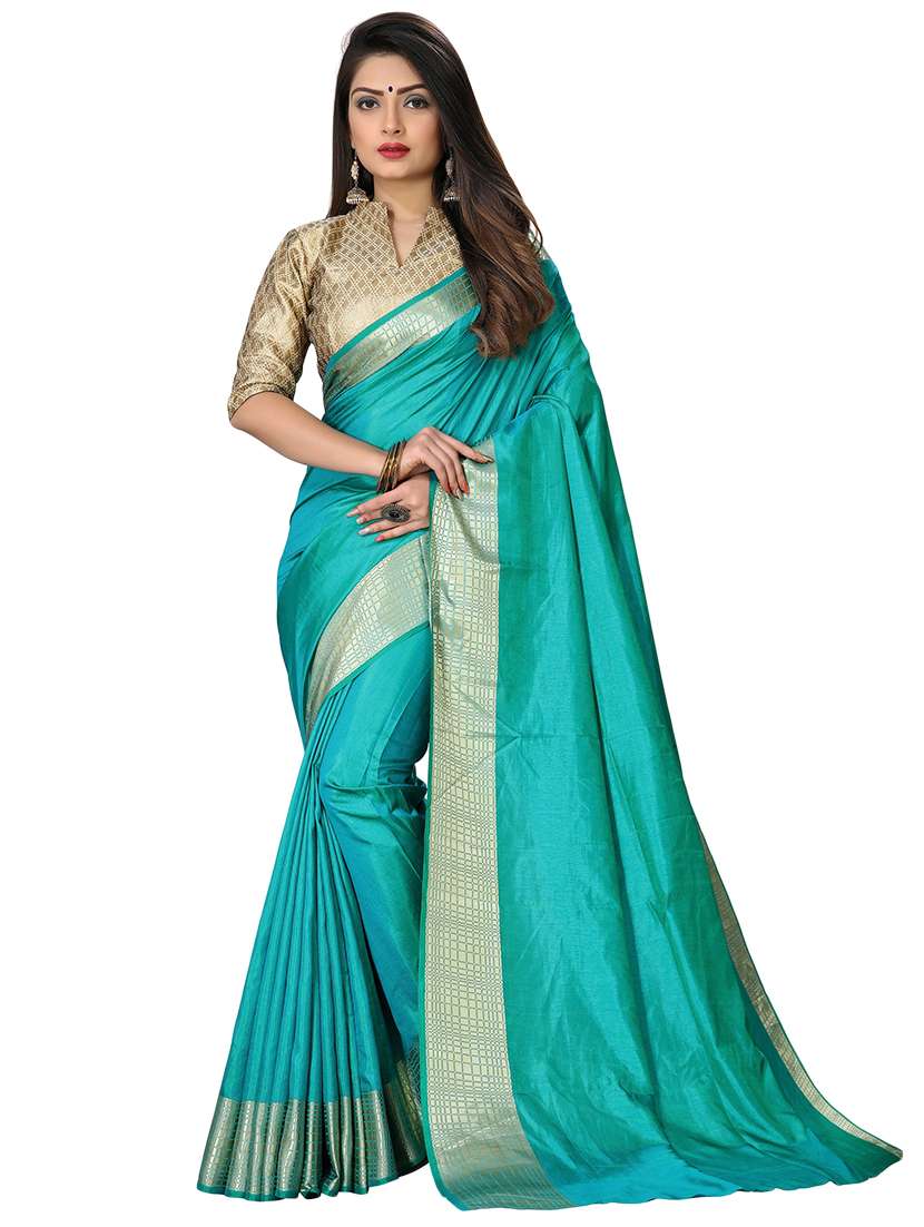 women turquoise solid bordered saree with blouse - 20821872 -  Zoom Image - 0
