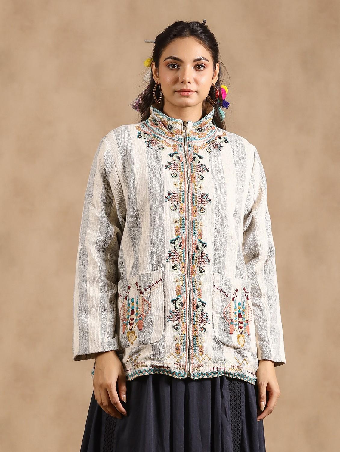 off white stiped embroidered detailed jacket