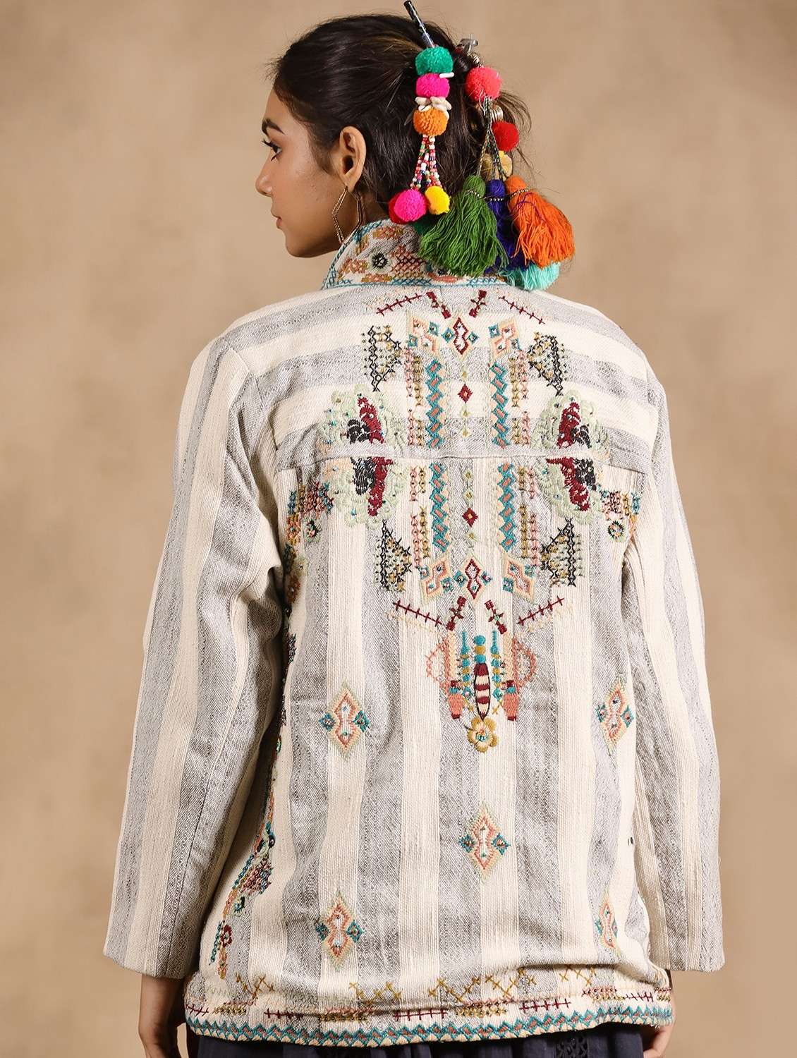 off white stiped embroidered detailed jacket - 20825205 - Standard Image - 3