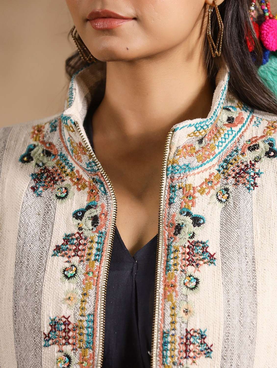 off white stiped embroidered detailed jacket - 20825205 - Standard Image - 5