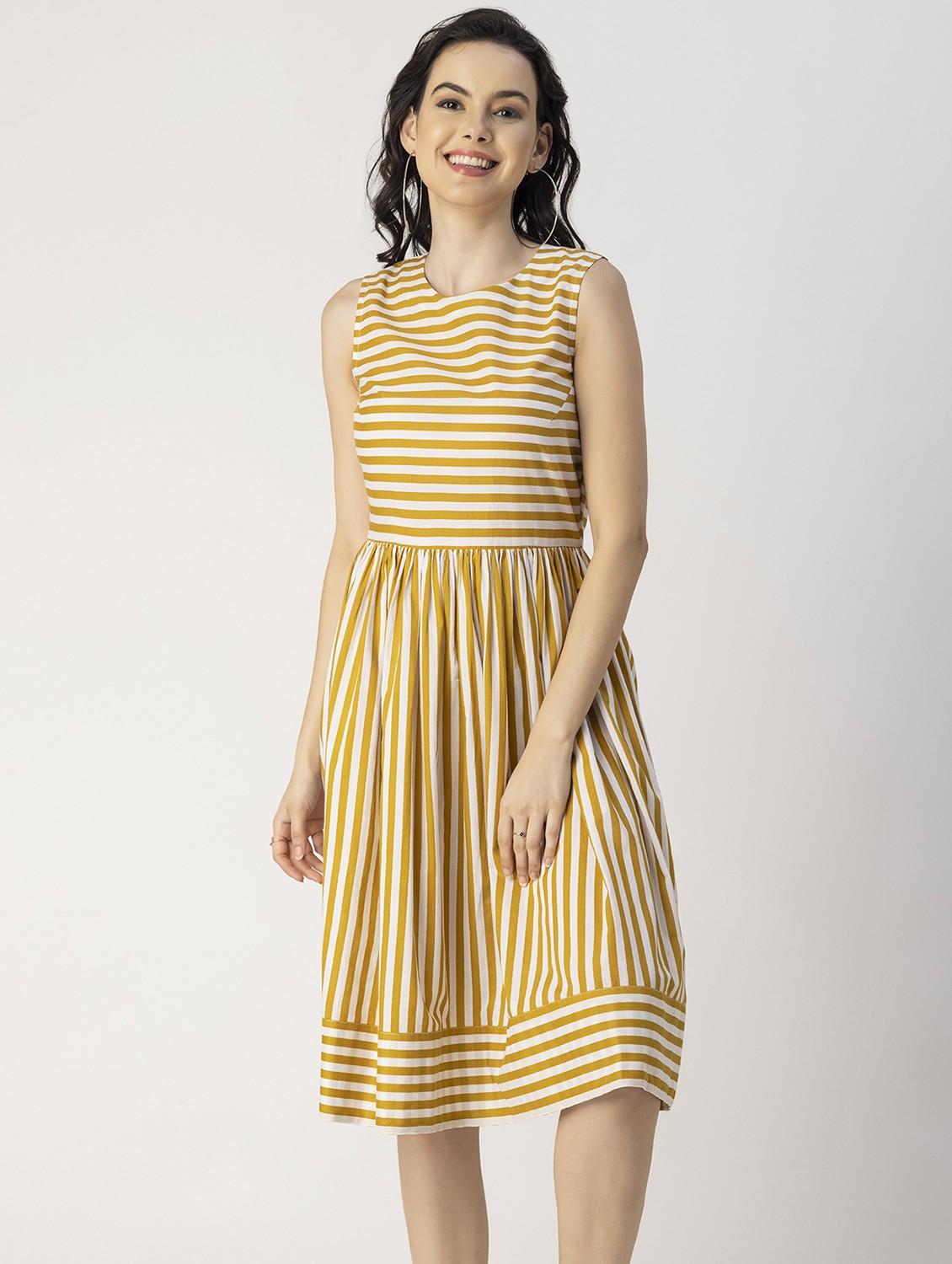 yellow striped detailed fit & flare dress - 20825783 - Zoom Image - 0