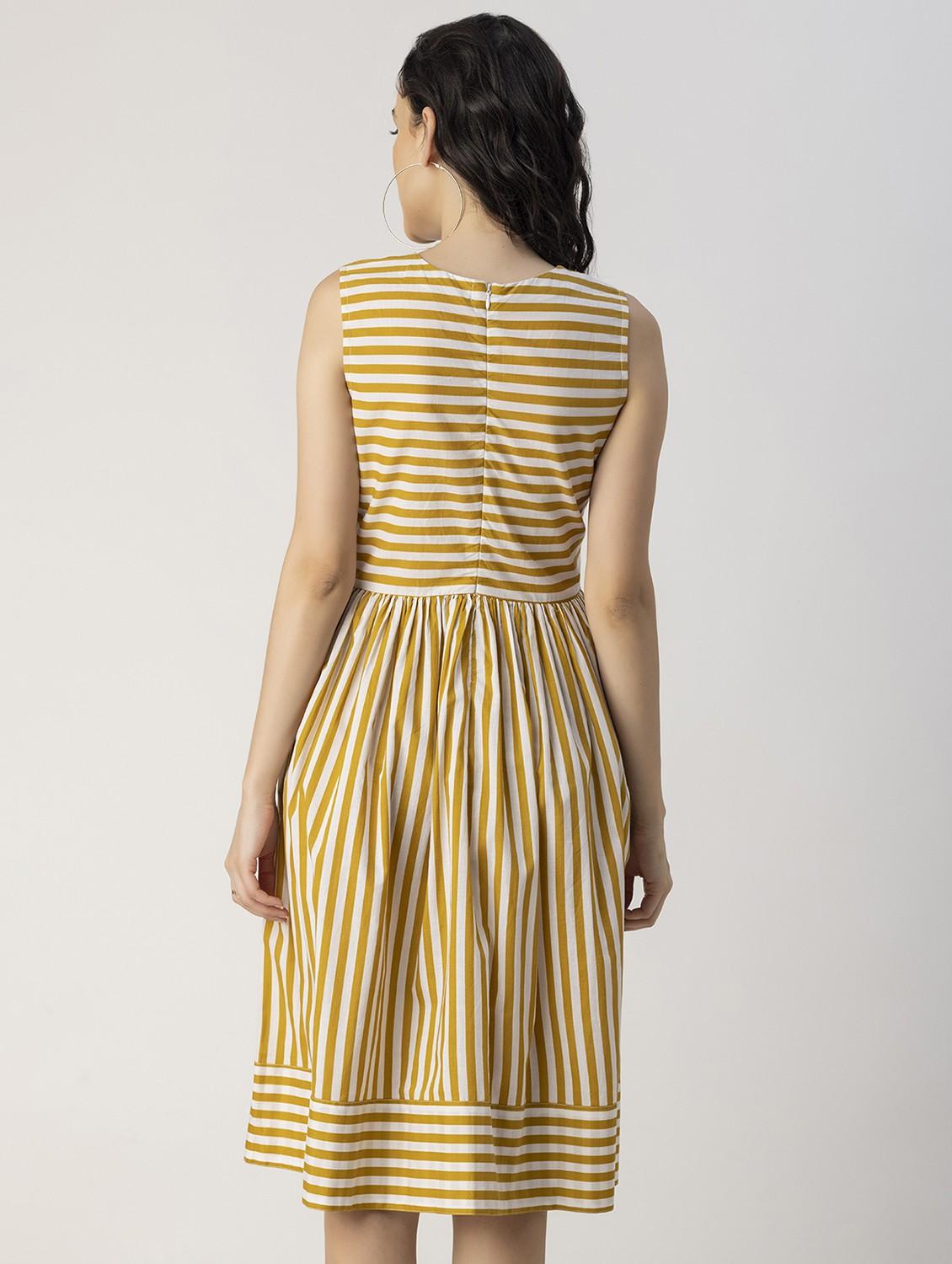 yellow striped detailed fit & flare dress - 20825783 - Standard Image - 3