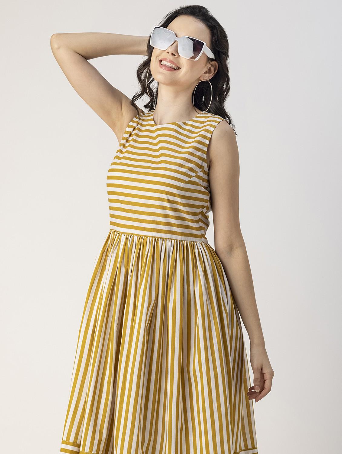 yellow striped detailed fit & flare dress - 20825783 - Standard Image - 5