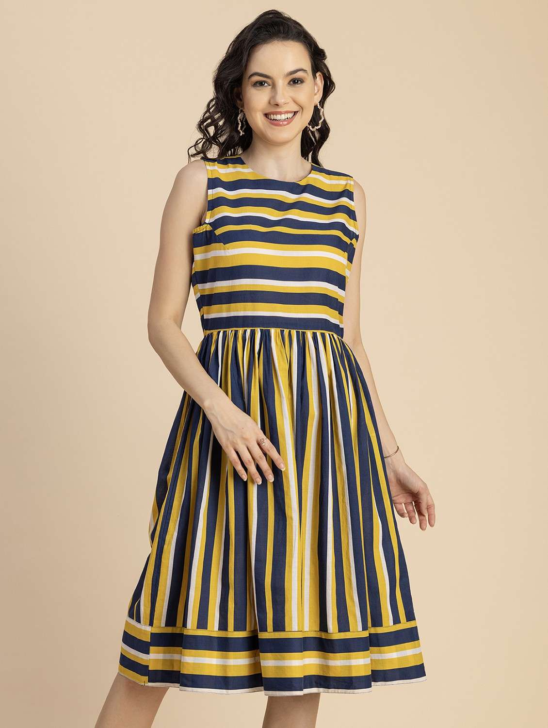 women mustard stripes printed fit & flare dress