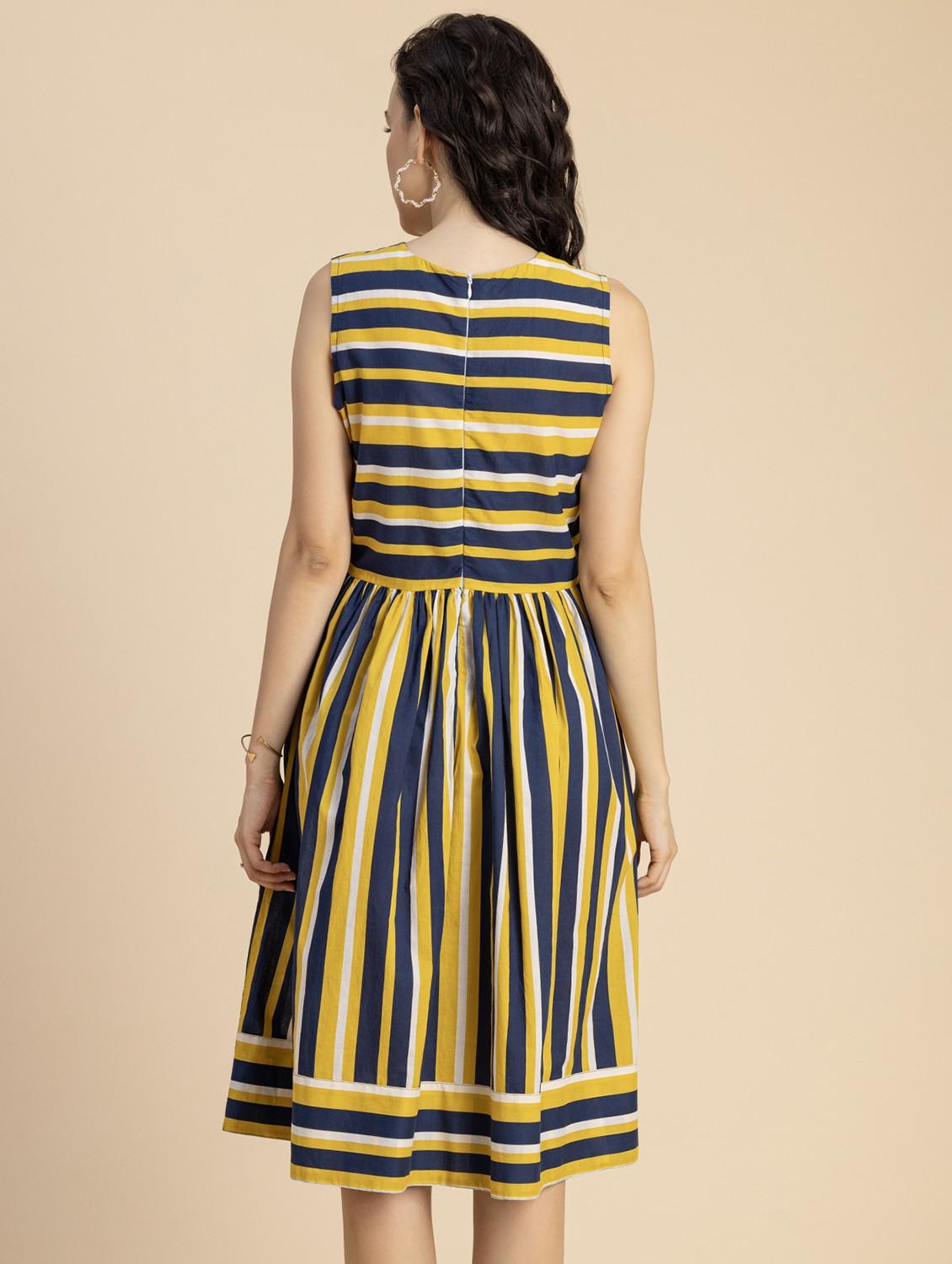 women mustard stripes printed fit & flare dress - 20825784 - Standard Image - 3