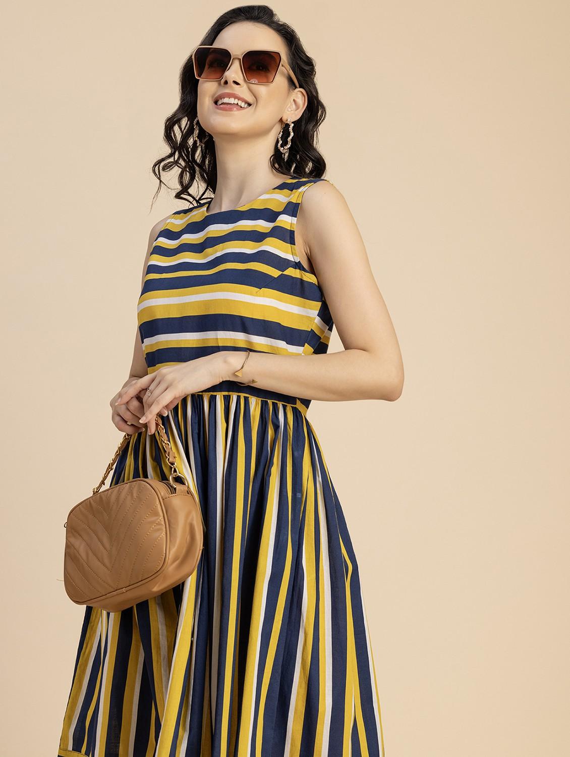 women mustard stripes printed fit & flare dress - 20825784 - Standard Image - 5