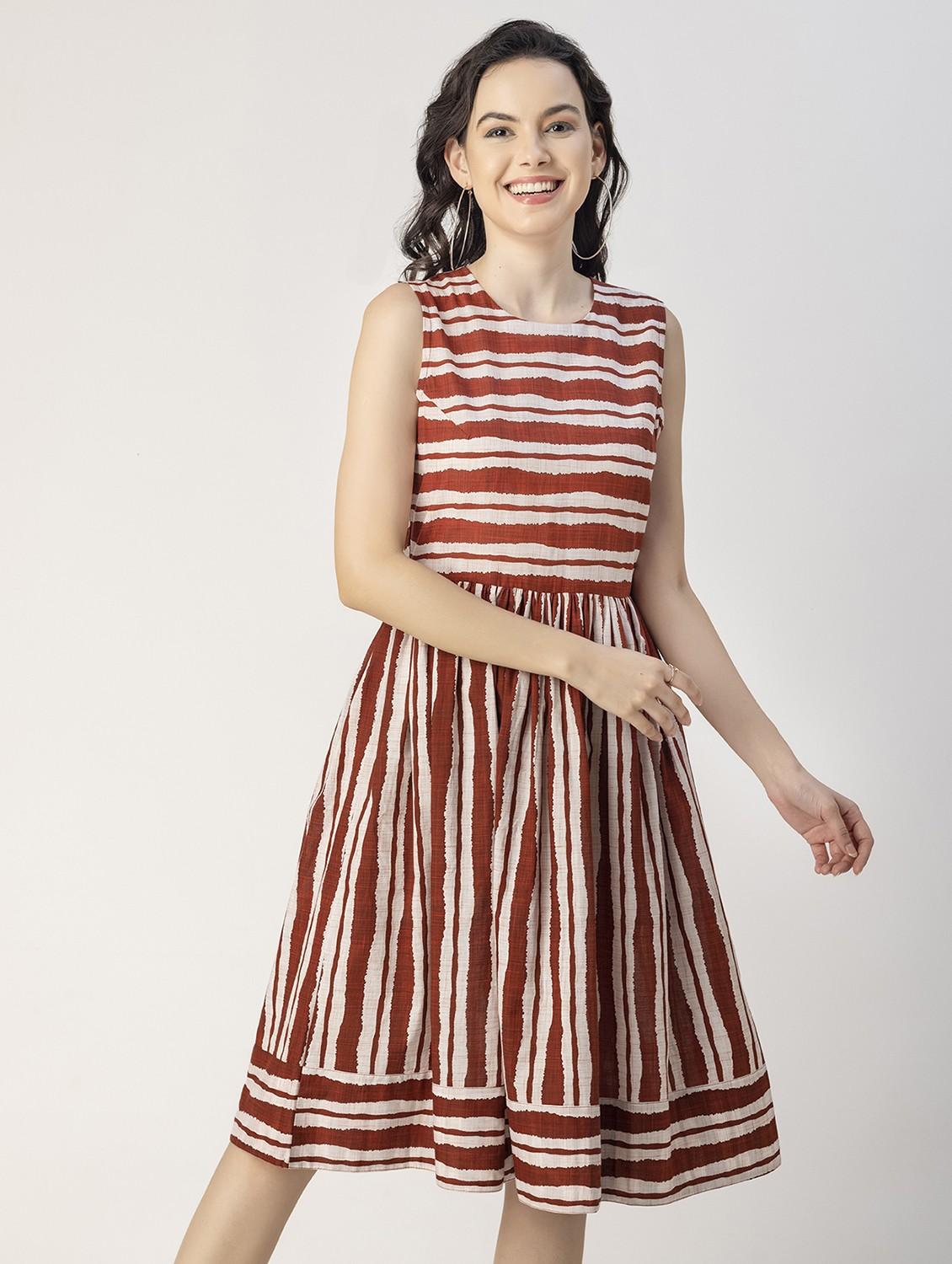 women rust stripes printed fit & flare dress - 20825785 - Zoom Image - 0