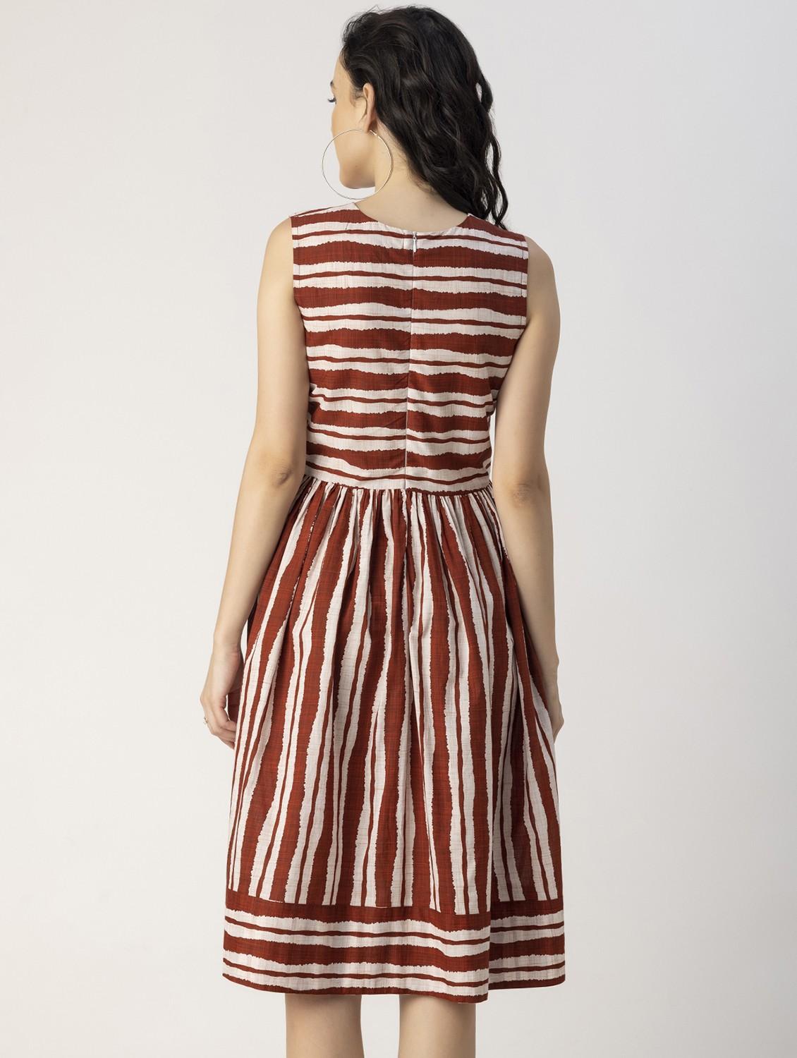 women rust stripes printed fit & flare dress - 20825785 - Standard Image - 3