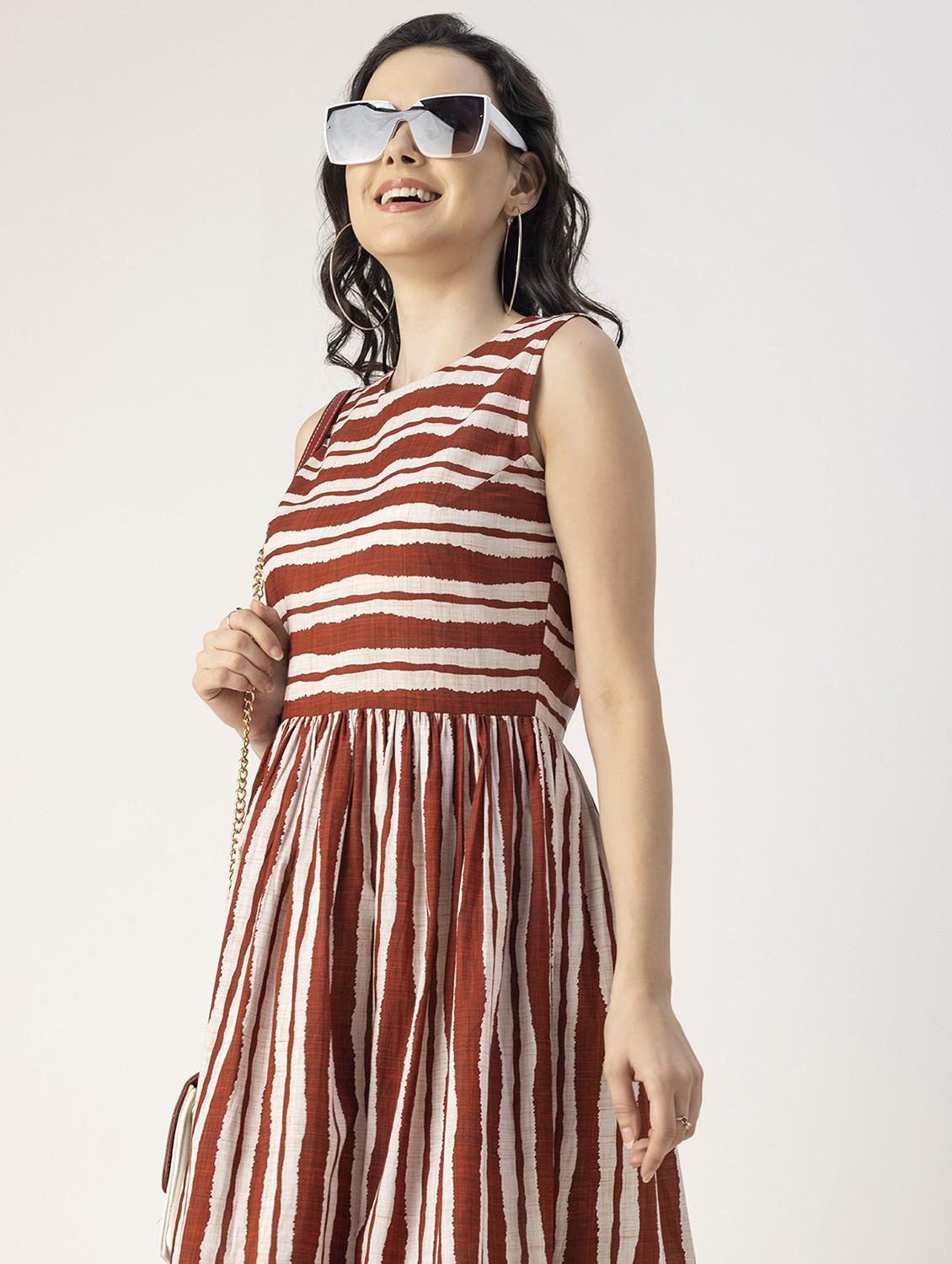 women rust stripes printed fit & flare dress - 20825785 - Standard Image - 5