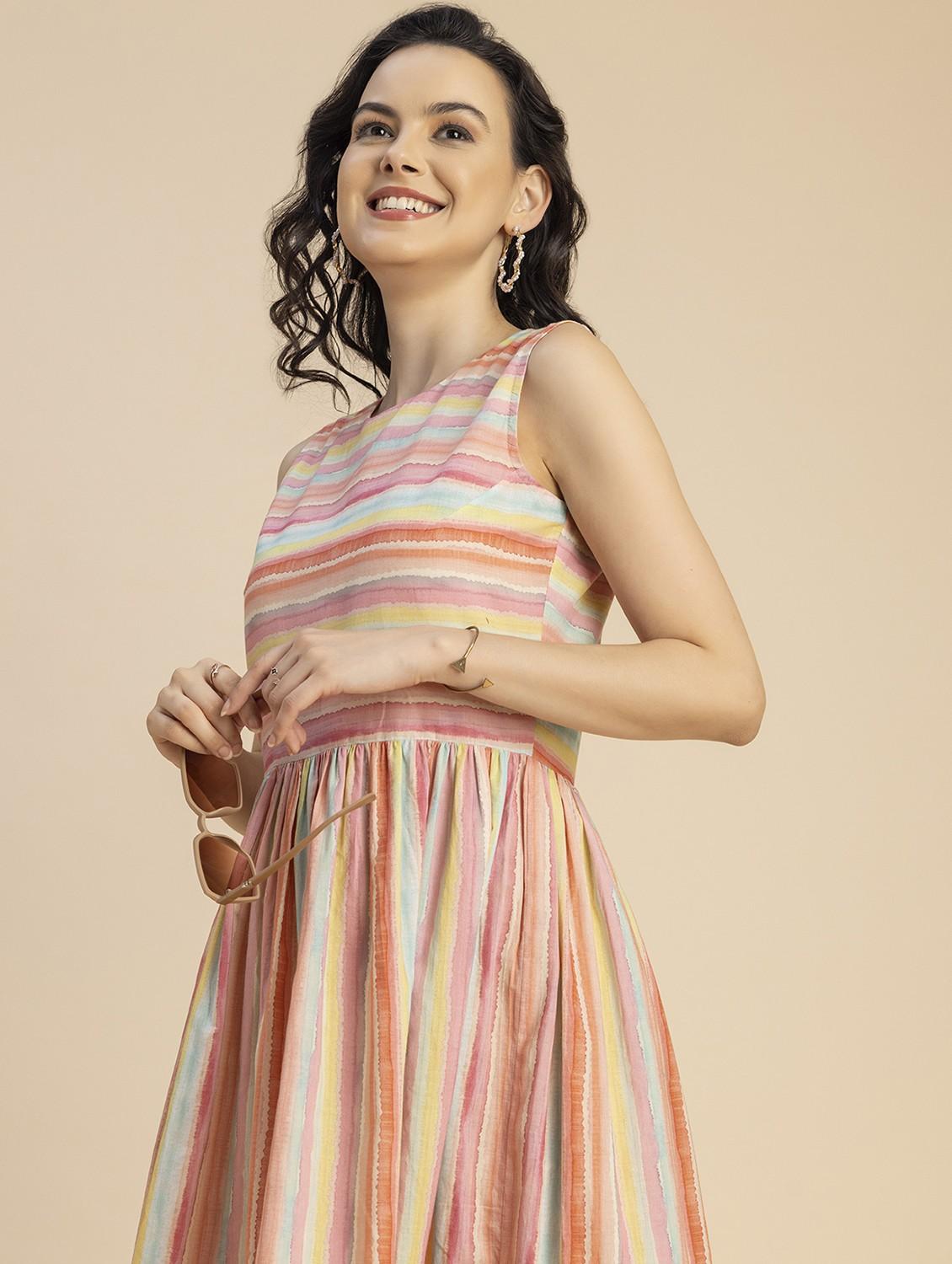 women multicolored stripes fit & flare dress - 20825786 - Standard Image - 5