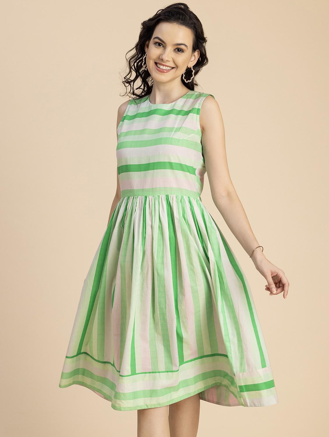 women green stripes fit & flare dress - 20825787 - Zoom Image - 0