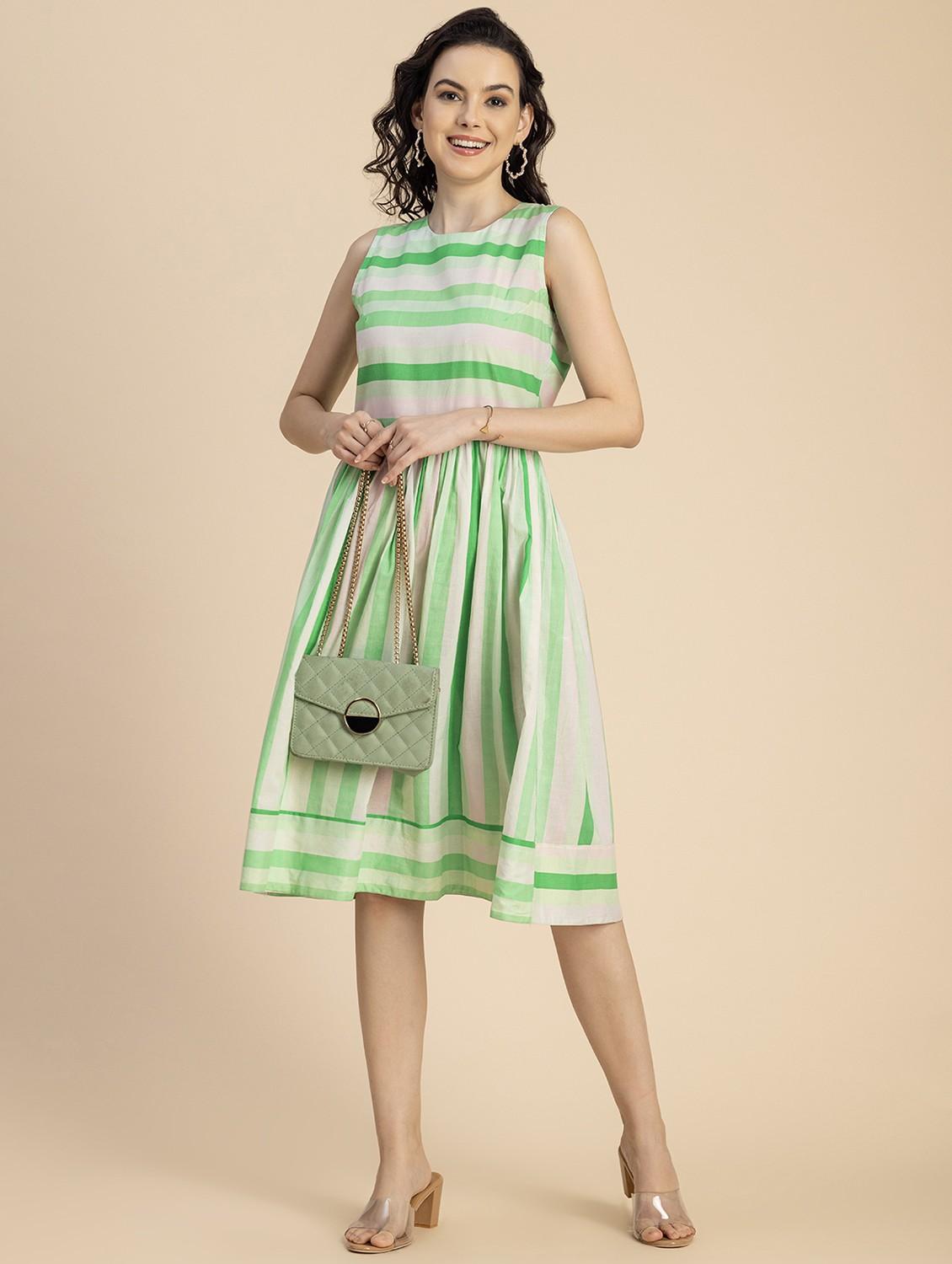 women green stripes fit & flare dress - 20825787 - Standard Image - 5
