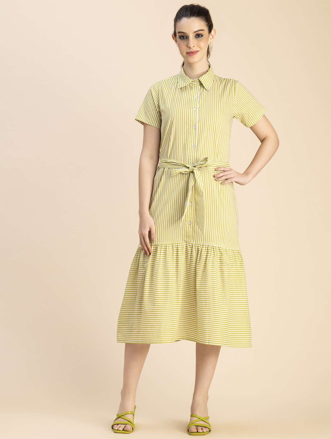 women yellow stripes a-line dress