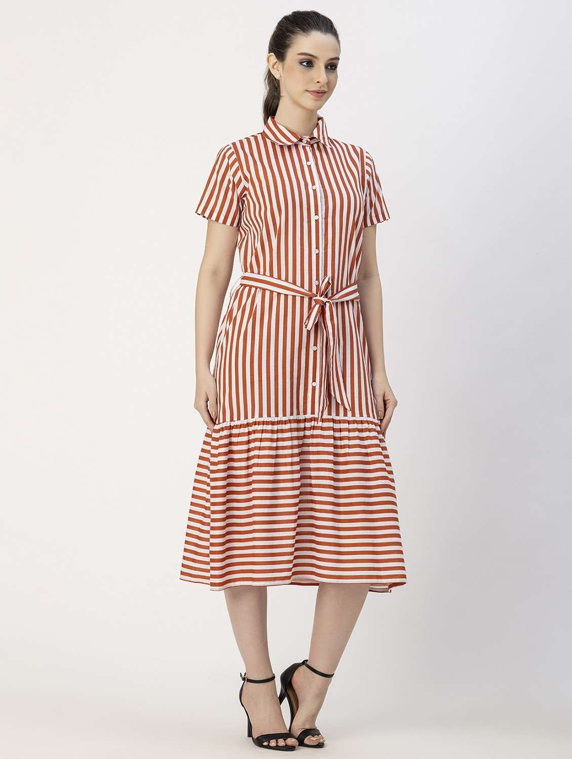 rust & white striped button detailed midi dress - 20825795 -  Standard Image - 3