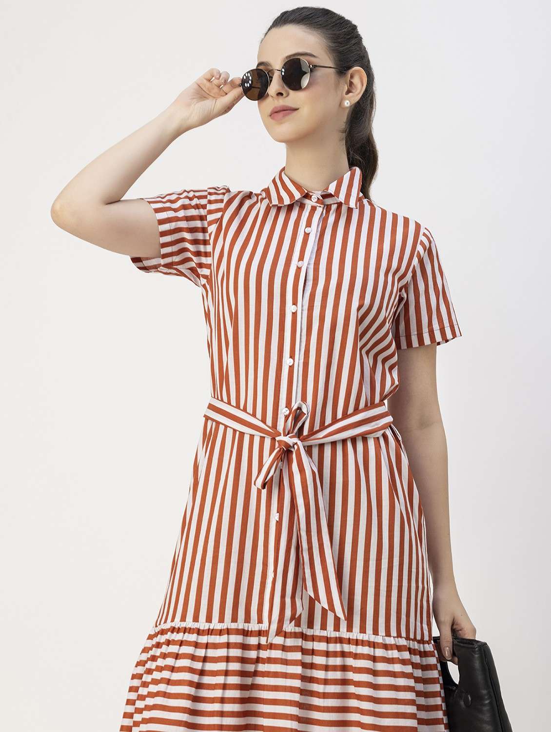 rust & white striped button detailed midi dress - 20825795 -  Standard Image - 5