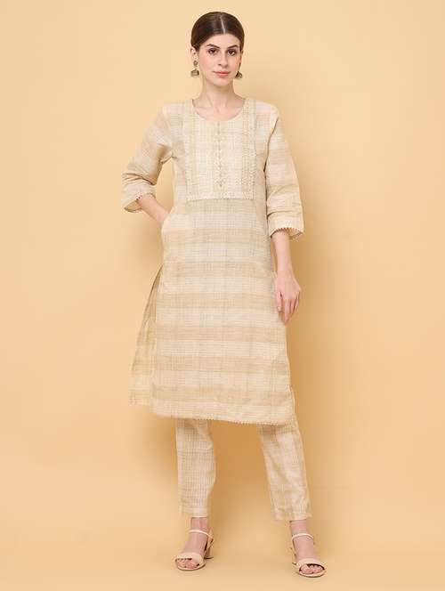 women beige round neck kurta pant set - 20826564 -  Standard Image - 0