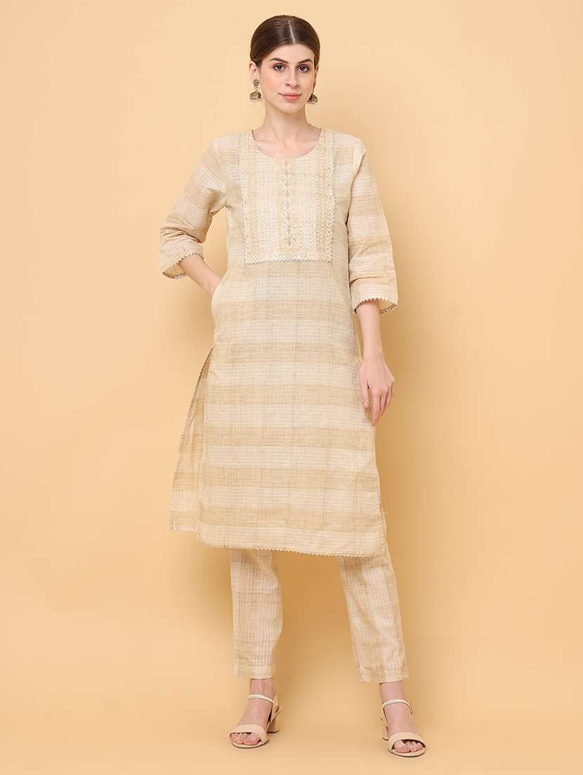 women beige round neck kurta pant set